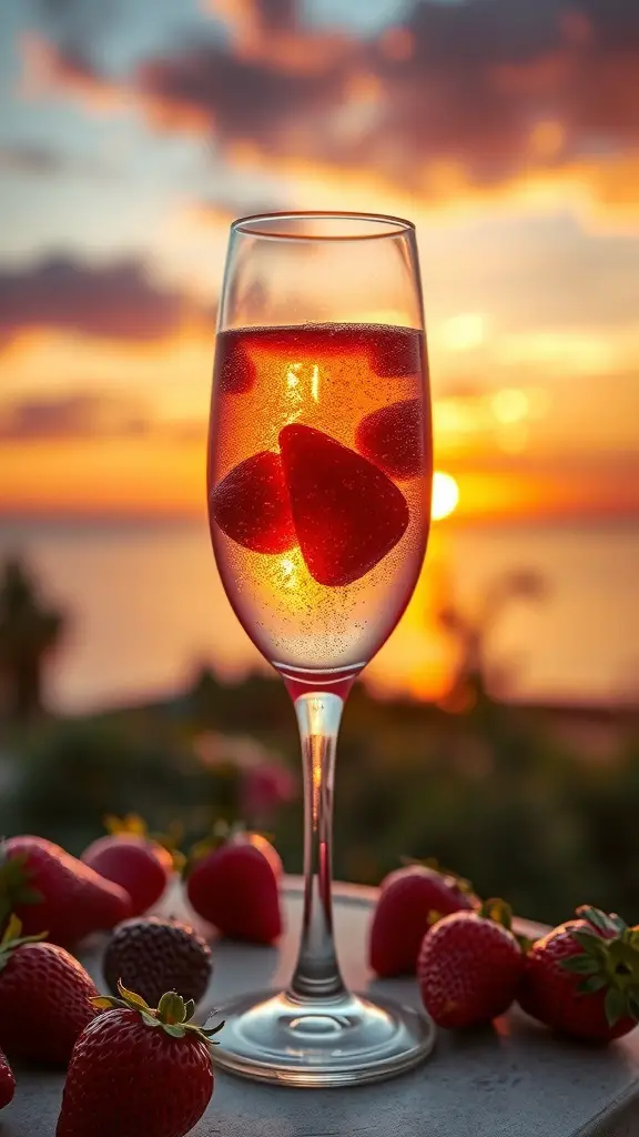 A glass of sparkling strawberry rosé with fresh strawberries, set against a sunset backdrop.