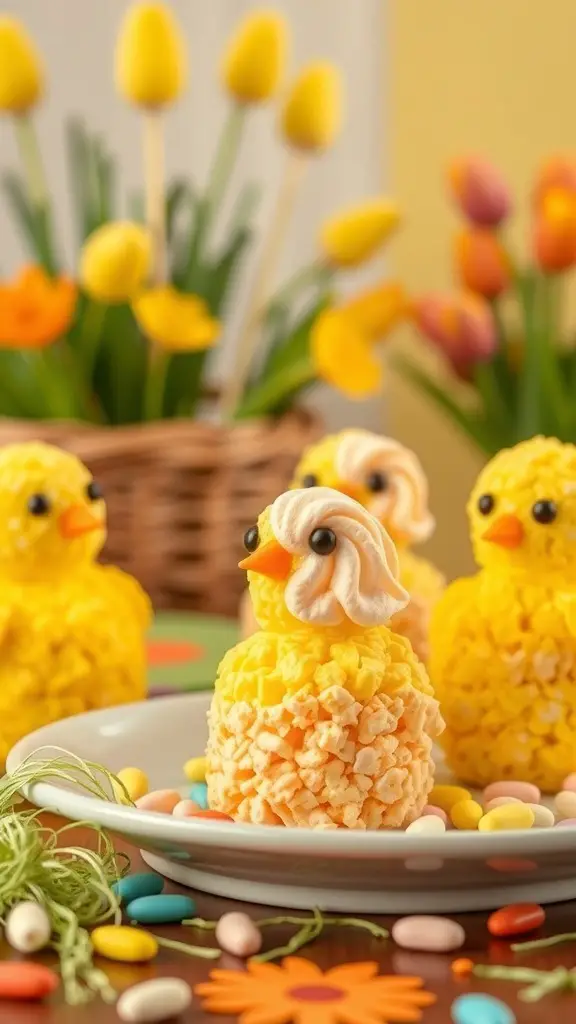 Colorful Marshmallow Peep Rice Krispie Treats shaped like chicks, surrounded by Easter decorations.