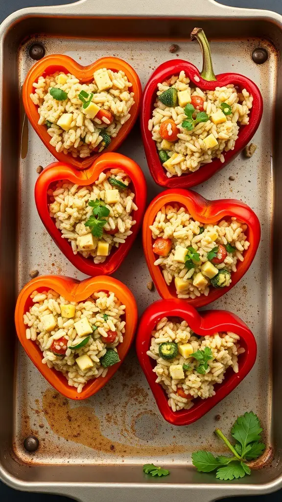 Colorful heart-shaped stuffed peppers filled with rice and vegetables