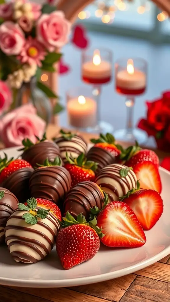 A plate of chocolate-covered strawberries with pink roses and candles in the background