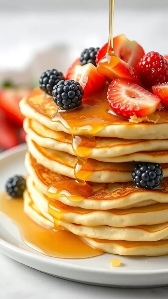 Stack of fluffy lemon ricotta pancakes topped with fresh berries and syrup