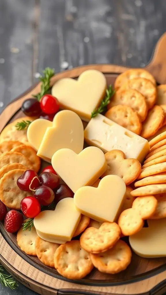 A platter of heart-shaped cheese and assorted crackers, garnished with grapes and herbs.