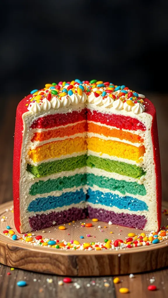 A vibrant rainbow layered cake with colorful layers and sprinkles on top.