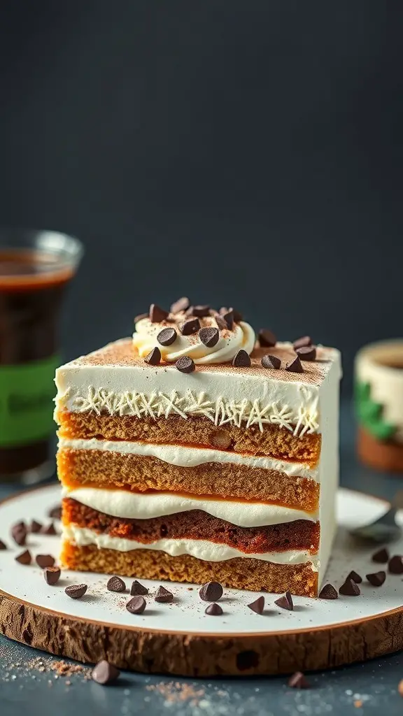 A slice of tiramisu bento cake with layers of coffee sponge and mascarpone, topped with chocolate chips.