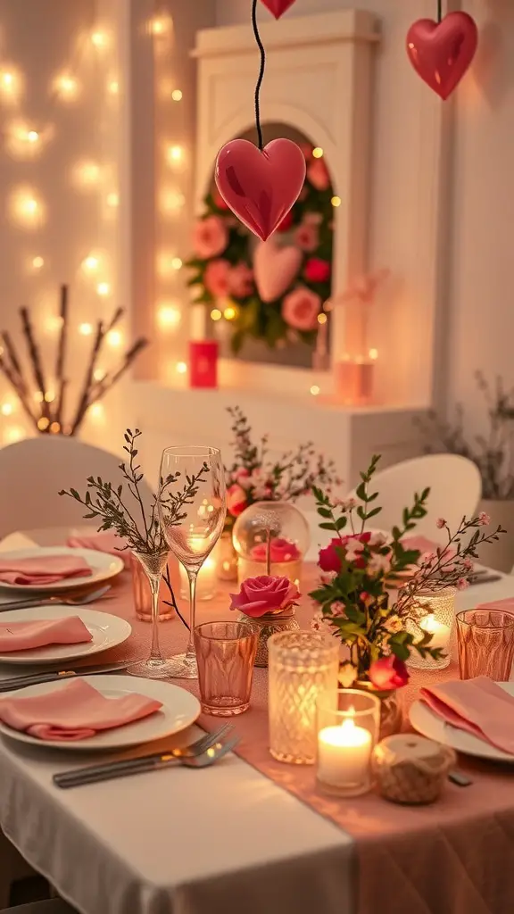 A beautifully set dinner table with pink decorations, twinkling lights, and heart-shaped ornaments.