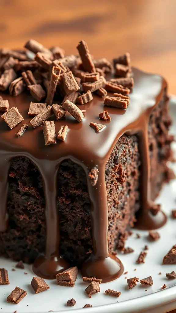 A close-up of a chocolate poke cake topped with ganache and chocolate shavings.
