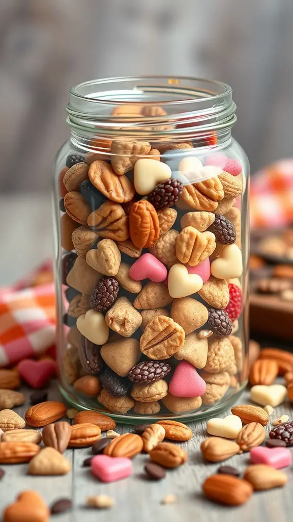 A jar filled with Valentine-themed trail mix, including heart-shaped candies and nuts.
