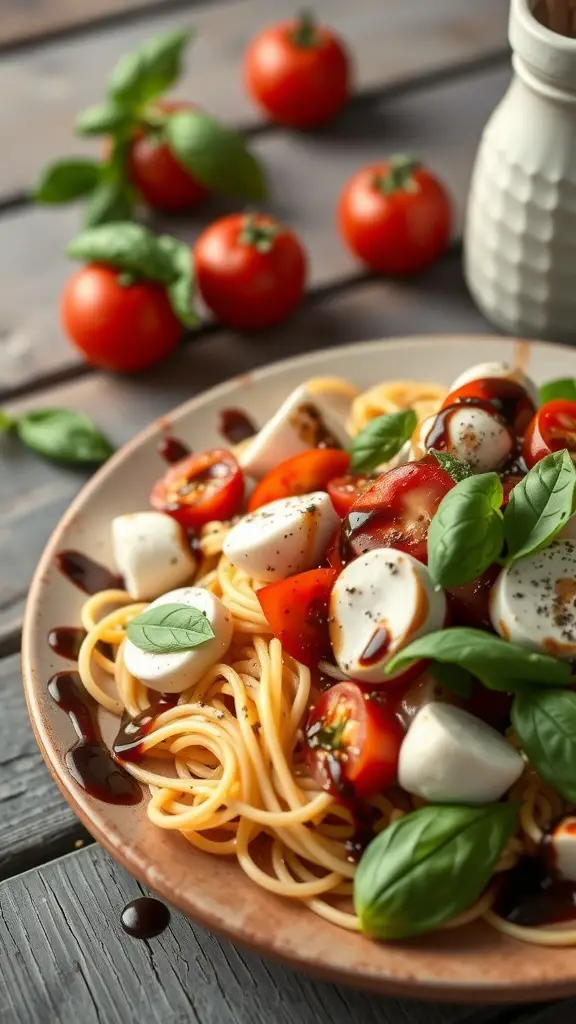 A plate of Caprese pasta salad with tomatoes, mozzarella, and basil, drizzled with balsamic glaze.