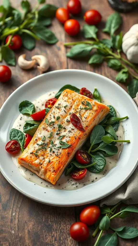 A plate of creamy garlic Tuscan salmon with spinach and cherry tomatoes.