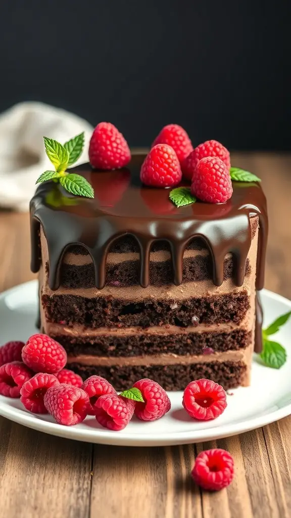A delicious Chocolate Raspberry Layer Cake topped with fresh raspberries and mint leaves.