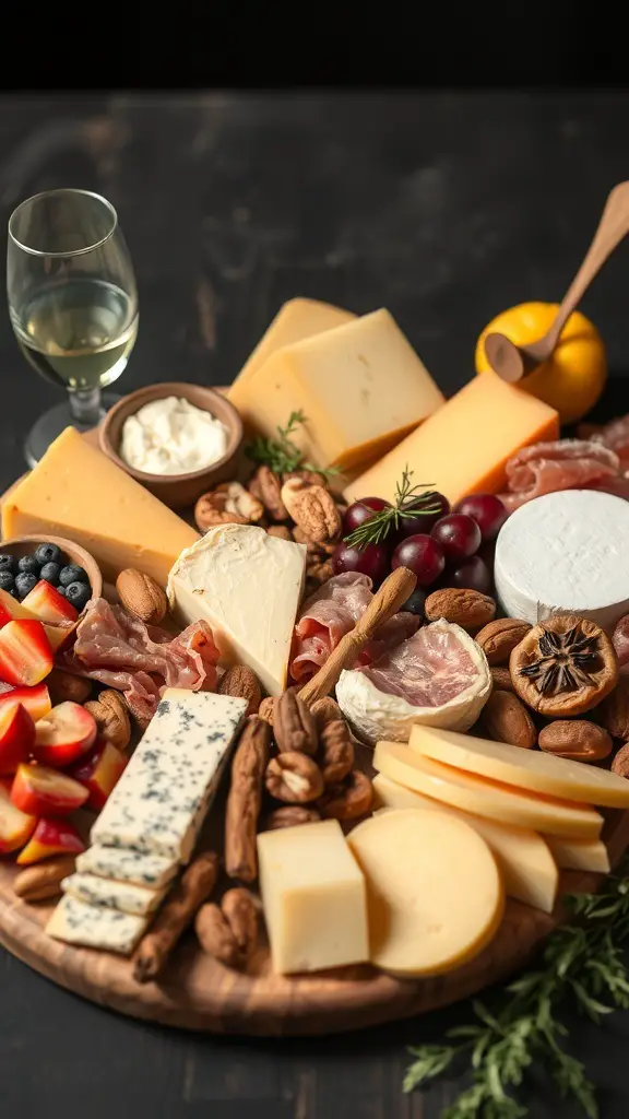 A beautifully arranged cheese and charcuterie board featuring various cheeses, cured meats, fruits, and nuts.