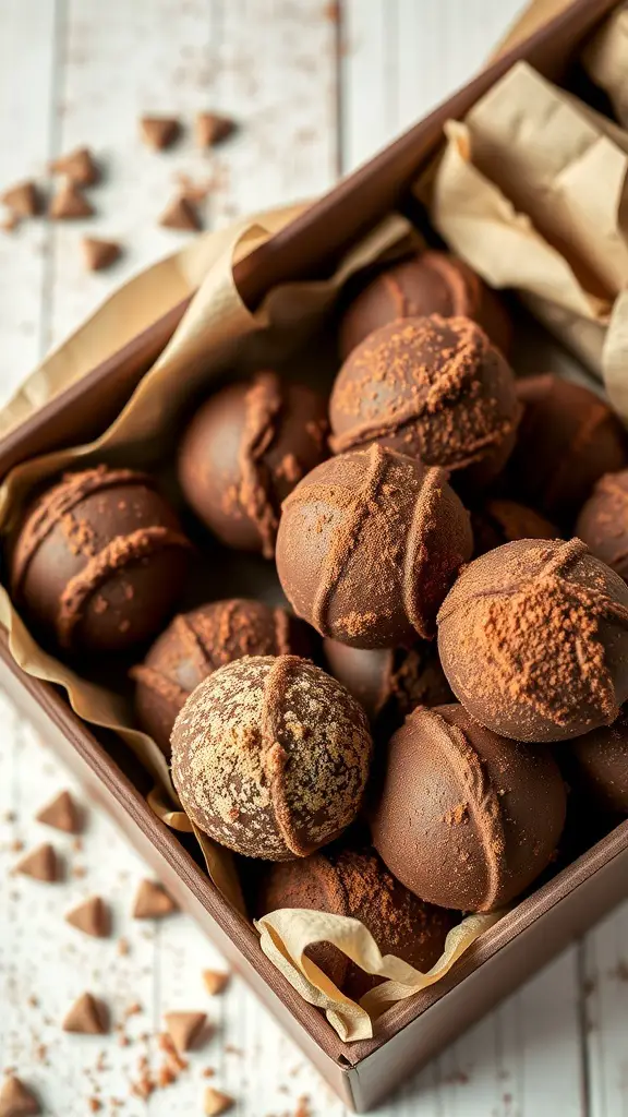 A box filled with homemade chocolate truffles, some dusted with cocoa powder and others with a nut coating.