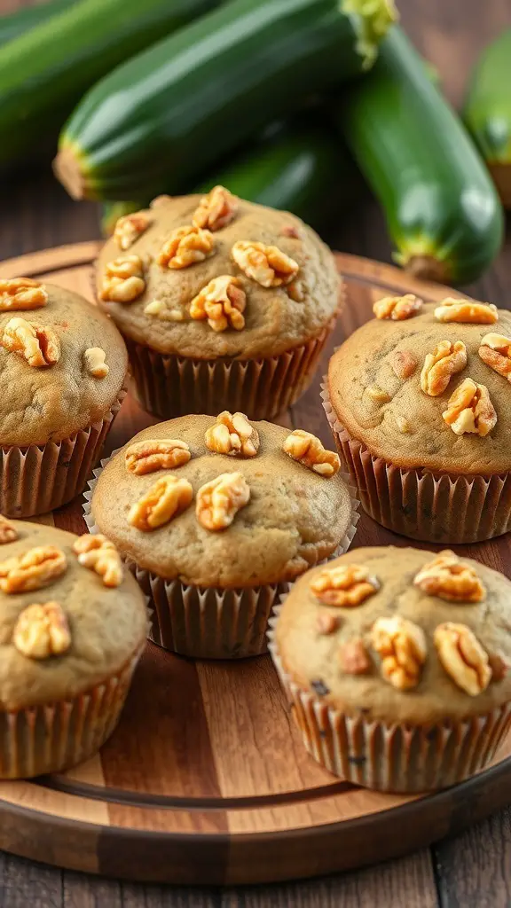 A plate of freshly baked zucchini muffins topped with walnuts, with zucchini in the background.