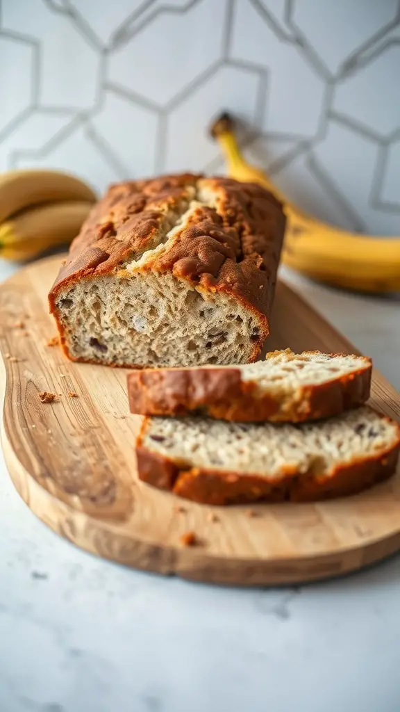 A freshly baked gluten-free banana bread loaf with slices cut on a wooden board, surrounded by bananas.