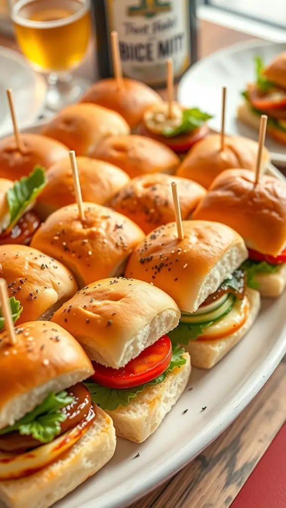 A platter of gourmet mini sliders with various toppings and sauces.