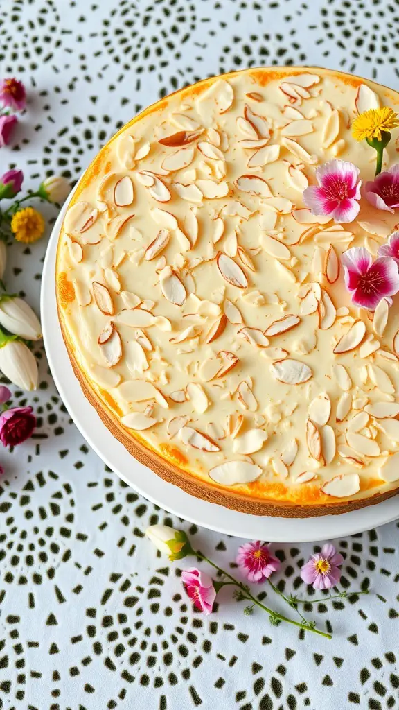 Almond Wildflower Cake topped with slivered almonds and flowers on a decorative tablecloth.