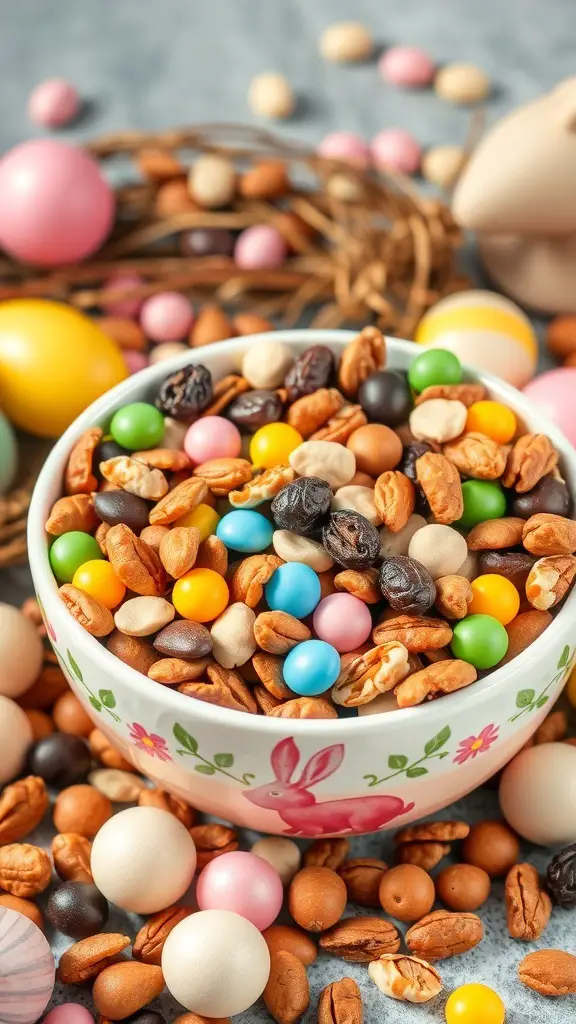 A bowl of colorful Easter trail mix with nuts, candies, and pastel eggs.