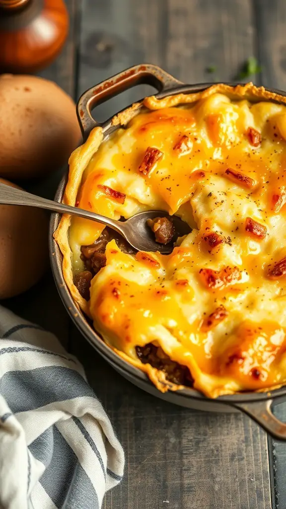 A delicious Shepherd's Pie with a golden mashed potato topping, served in a baking dish.