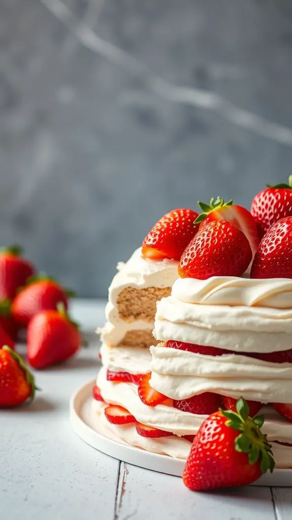 A delicious strawberry shortcake with layers of sponge cake, whipped cream, and fresh strawberries on top.