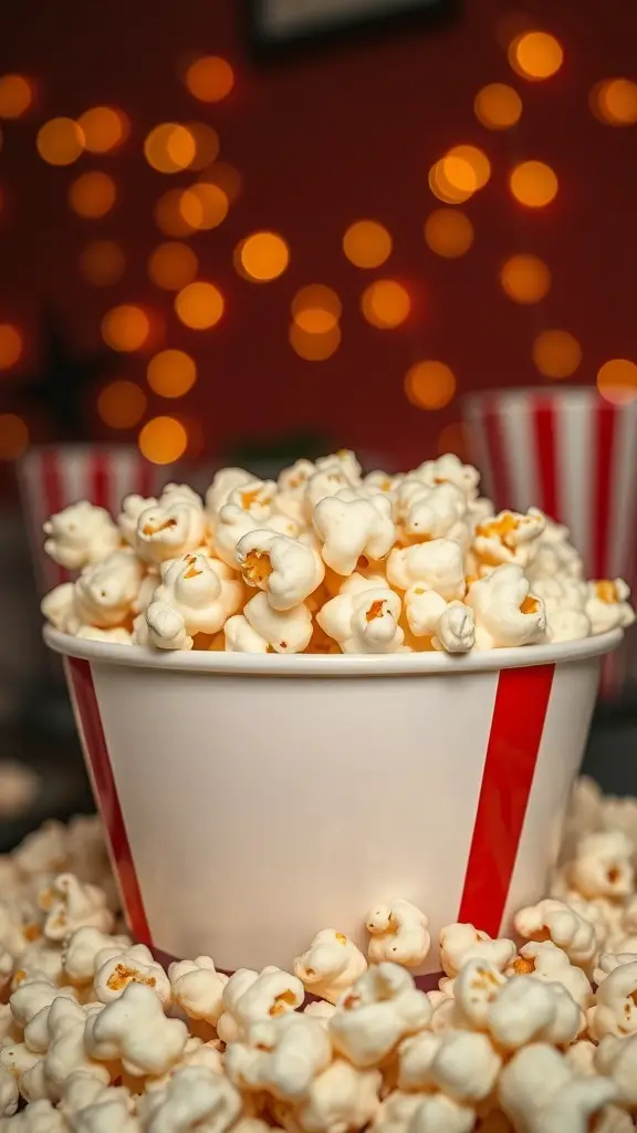 A bowl of popcorn with a festive background, showcasing a delicious snack option.