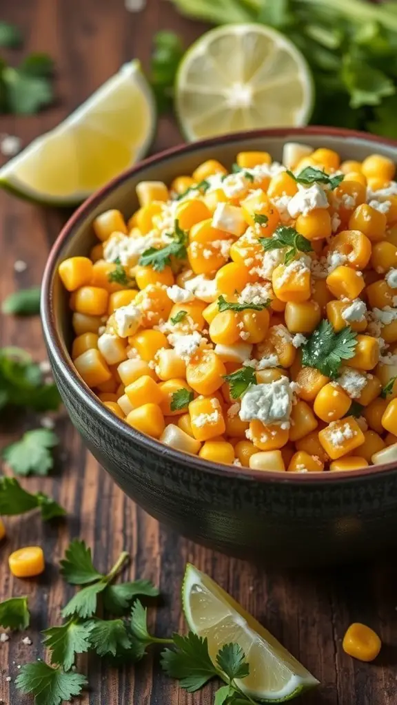 A bowl of Mexican street corn salad with corn, cilantro, and lime wedges
