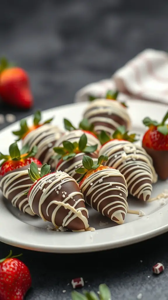 A plate of beautifully arranged chocolate-covered strawberries with white chocolate drizzle.
