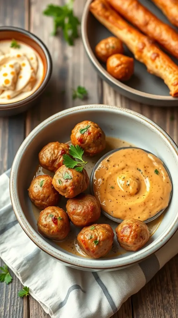 A bowl of mini meatballs with a creamy dipping sauce, garnished with parsley.