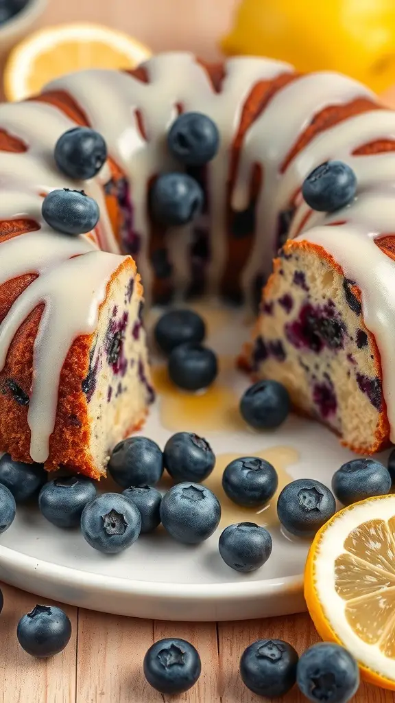 A Lemon Blueberry Bundt Cake with a lemon glaze and fresh blueberries on a plate