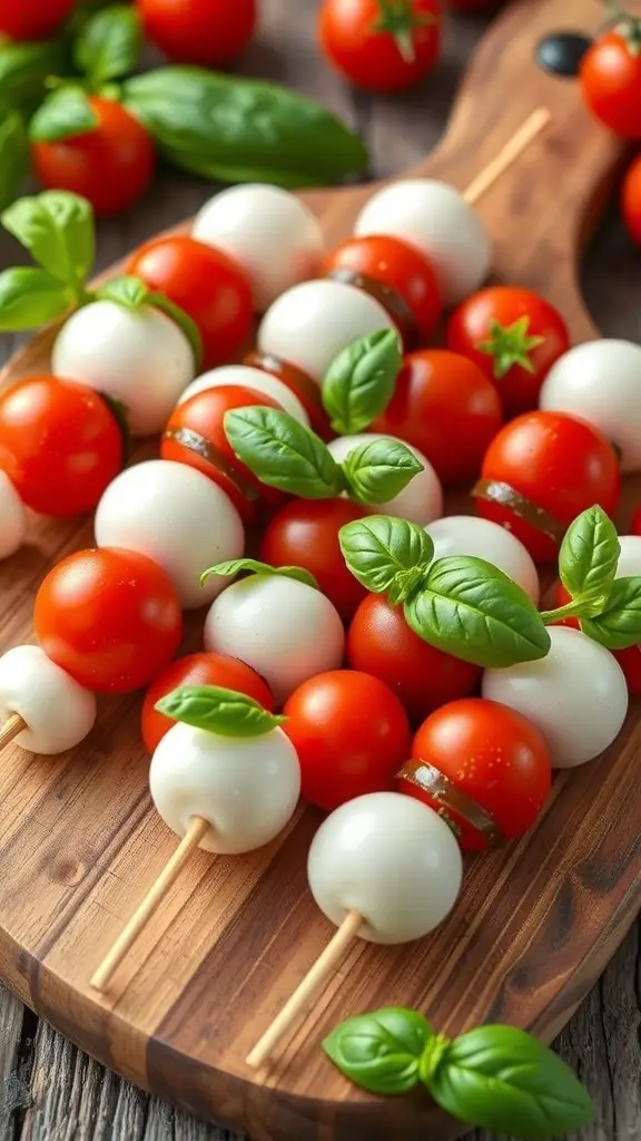Mini Caprese skewers with cherry tomatoes, mozzarella balls, and basil on a wooden platter