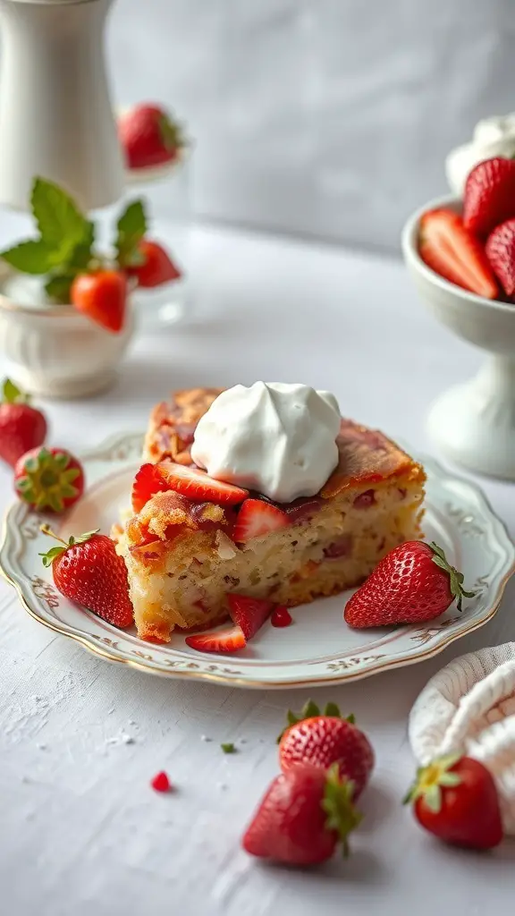 A slice of strawberry rhubarb poke cake topped with whipped cream and fresh strawberries, served on a decorative plate.