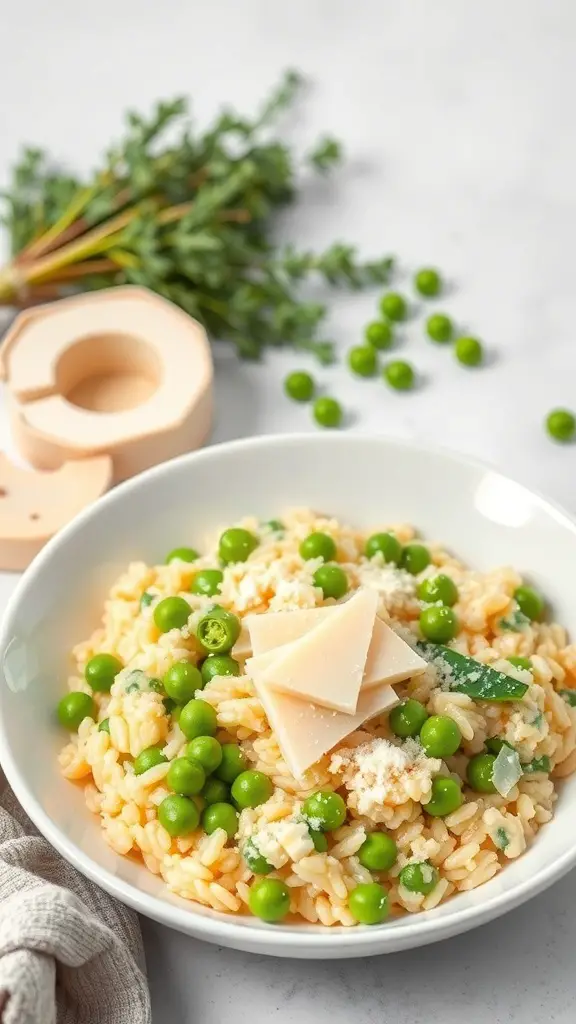 A bowl of vegetable risotto topped with fresh peas and cheese, with herbs and peas in the background.
