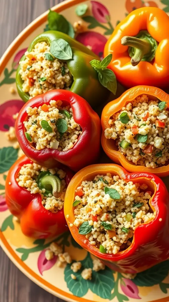 A colorful platter of stuffed bell peppers filled with quinoa and vegetables.