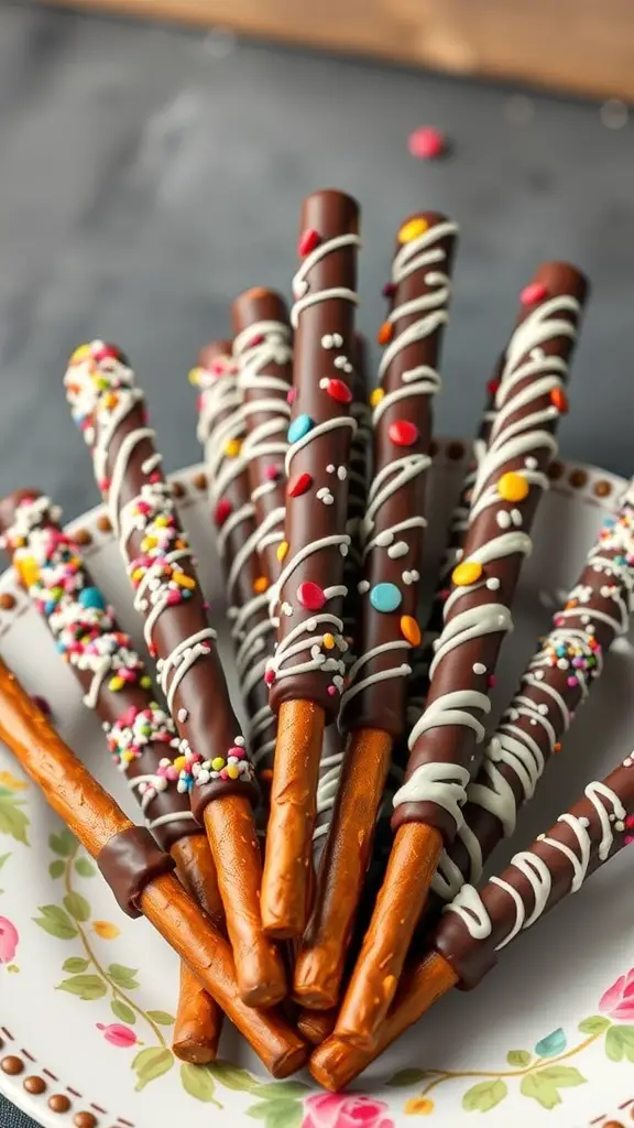 Chocolate-dipped pretzel rods decorated with colorful sprinkles