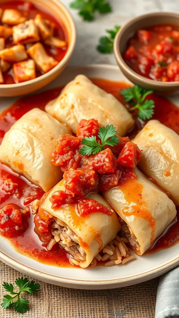 Cabbage rolls with ground turkey in tomato sauce, garnished with parsley