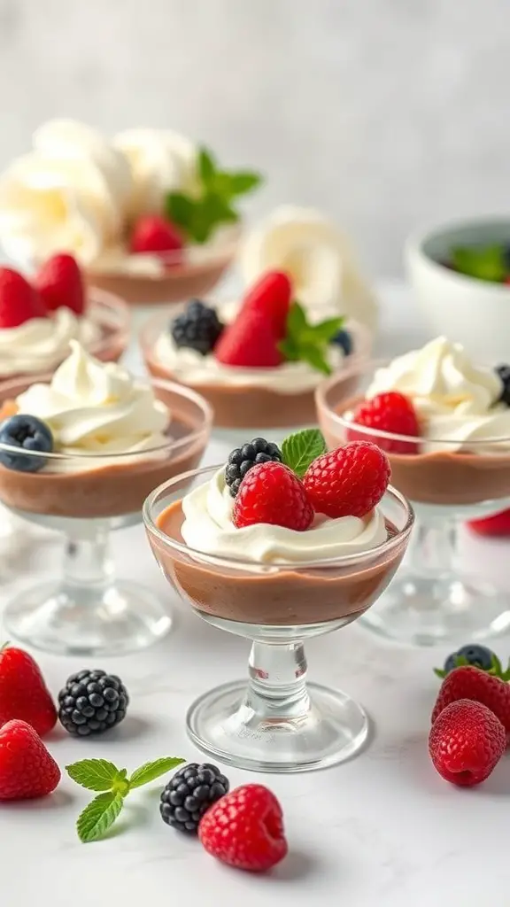Chocolate mousse cups topped with whipped cream and fresh berries