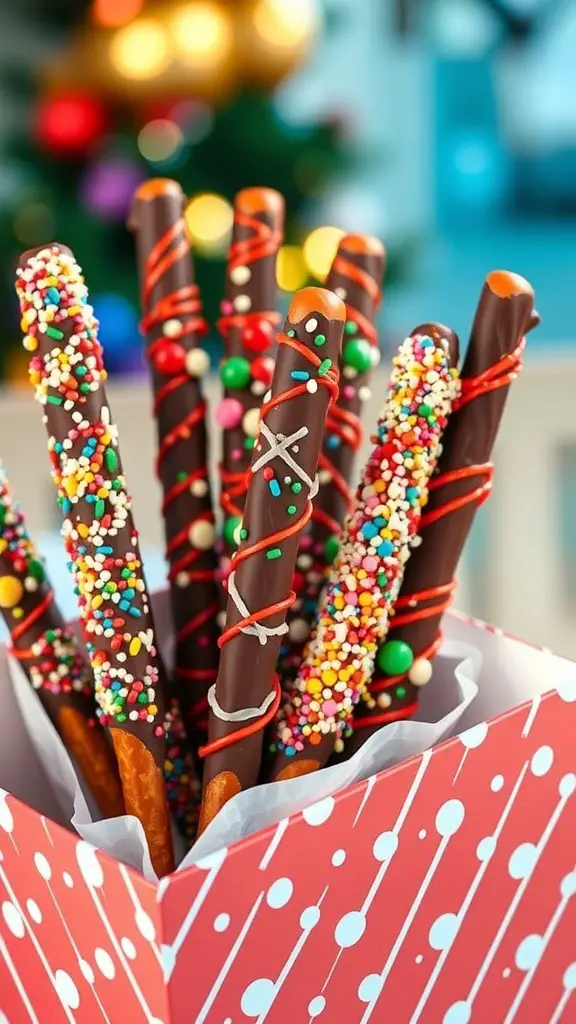 A box filled with chocolate dipped pretzel rods decorated with colorful sprinkles and drizzles.