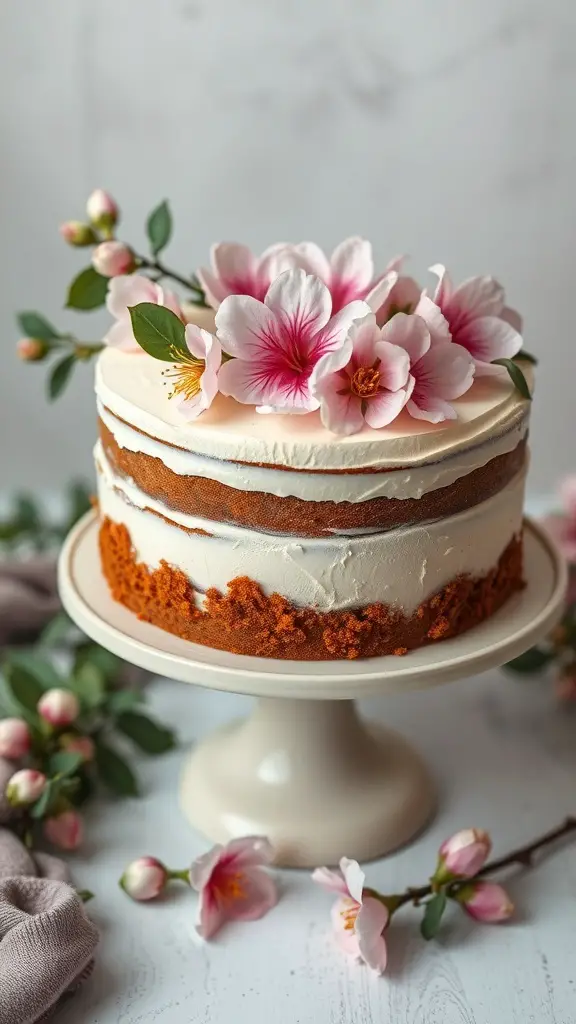 A naked cake decorated with spring blossoms on a cake stand.