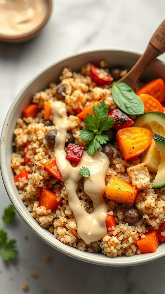 A bowl filled with quinoa, roasted vegetables, and a drizzle of tahini sauce, garnished with fresh herbs.