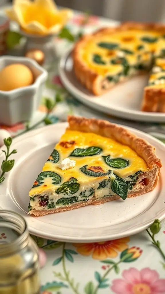 A slice of vegetable quiche with spinach and feta on a plate, with the whole quiche in the background.
