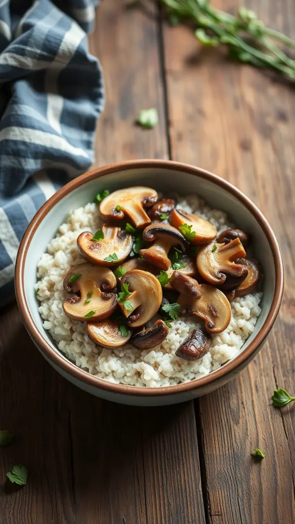 A bowl of savory oatmeal topped with sautéed mushrooms and fresh herbs.