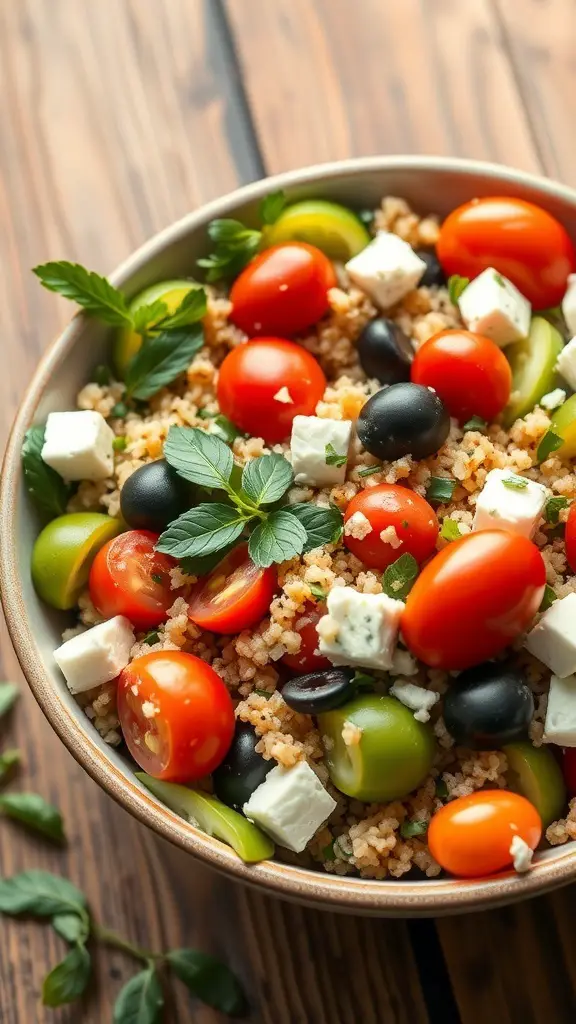 A bowl of Mediterranean Quinoa Salad with cherry tomatoes, olives, feta cheese, and fresh herbs.