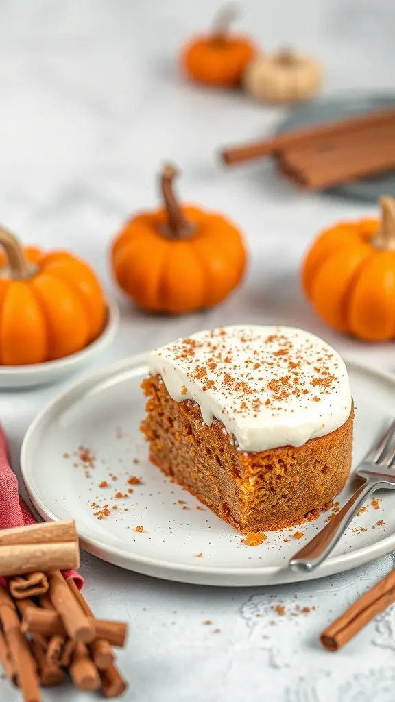 A slice of pumpkin spice bento cake with cream frosting, surrounded by small pumpkins and cinnamon sticks.