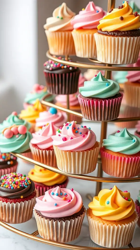 A tiered stand filled with an assortment of colorful mini cupcakes.