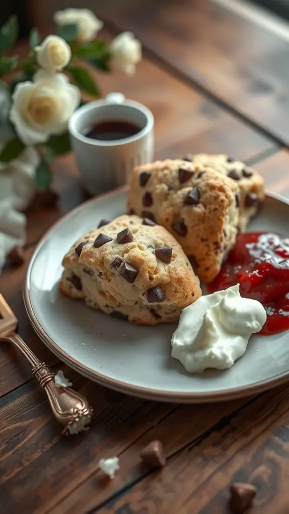 Chocolate chip scones served with jam and whipped cream on a plate, accompanied by a cup of coffee.