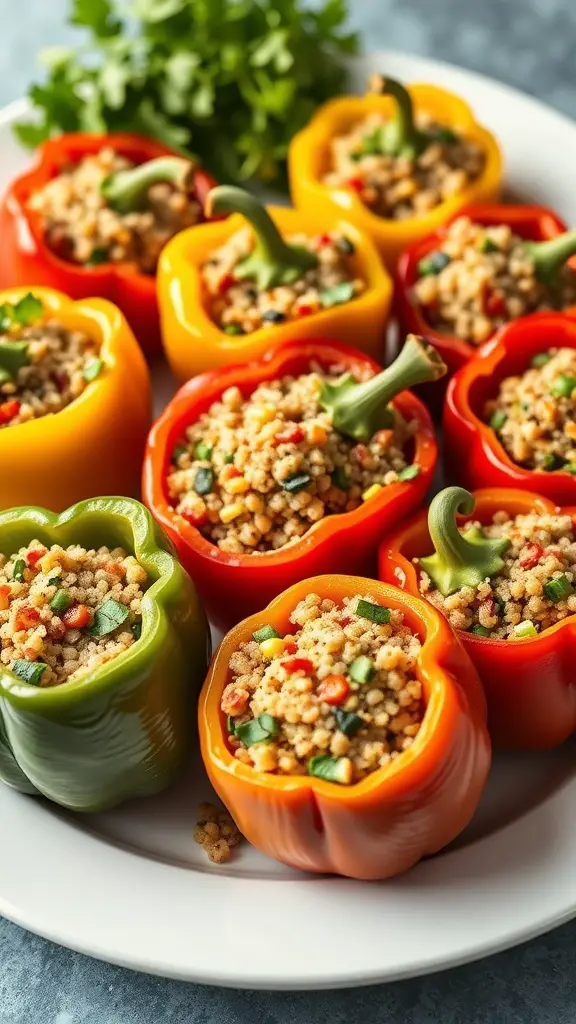 Colorful stuffed bell peppers filled with quinoa and vegetables on a plate.