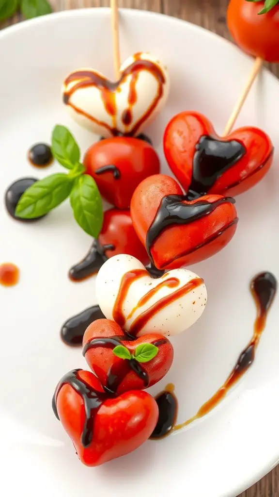 Heart-shaped Caprese skewers with tomatoes, mozzarella, and basil drizzled with balsamic glaze.