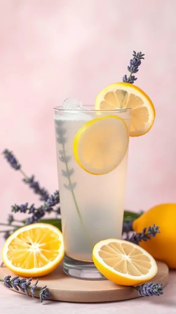 A refreshing glass of Lavender Lemonade Fizz with lemon slices and lavender sprigs