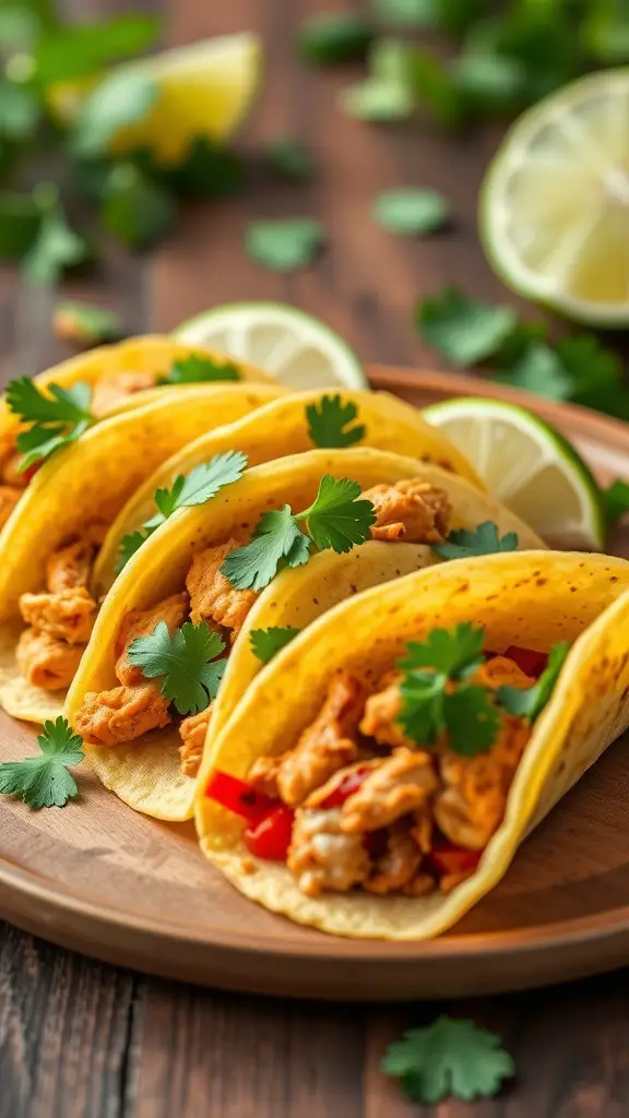 Mini tacos filled with spicy chicken, garnished with cilantro and lime slices on a wooden platter.