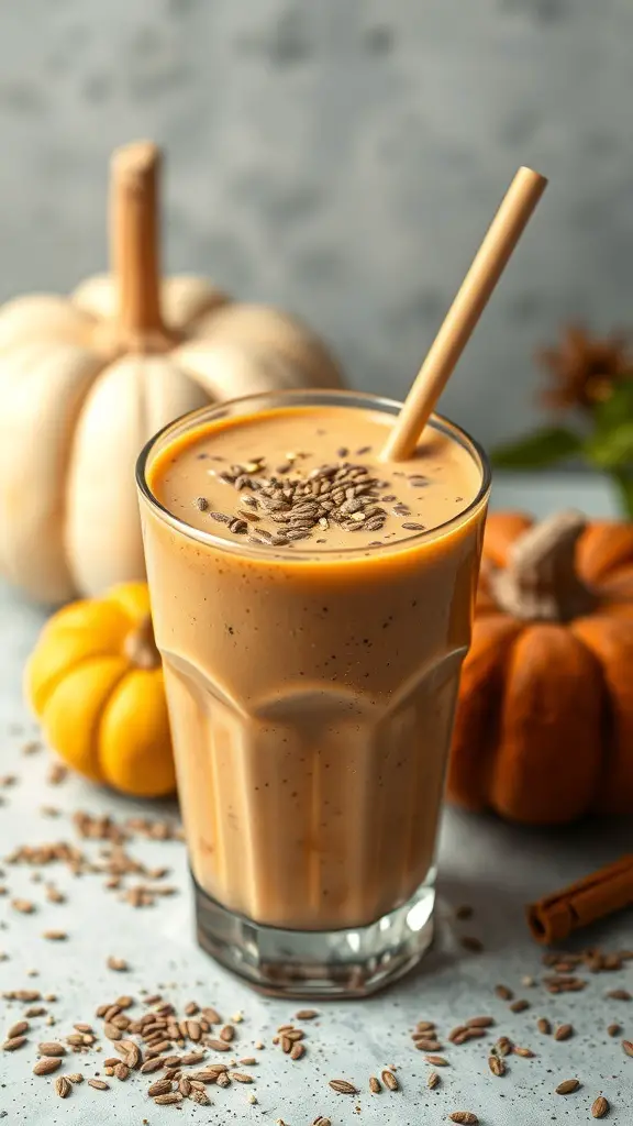 A glass of pumpkin spice smoothie topped with flaxseeds, surrounded by pumpkins and seeds.