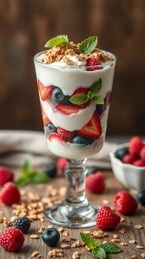 A delicious berry and yogurt parfait with layers of yogurt, strawberries, blueberries, and granola, garnished with mint leaves.